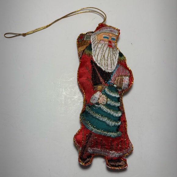 VTG Silk Embroidered Fabric Santa Ornaments Set Of Two Toy Sack Christmas Trees - Picture 8 of 12